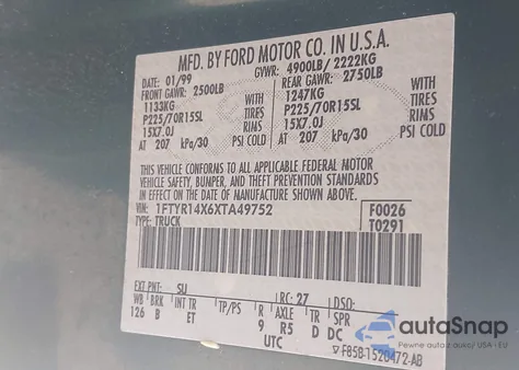 1999 Ford Ranger Xlt из США, поврежденный, VIN 1FTYR14X6XTA49752